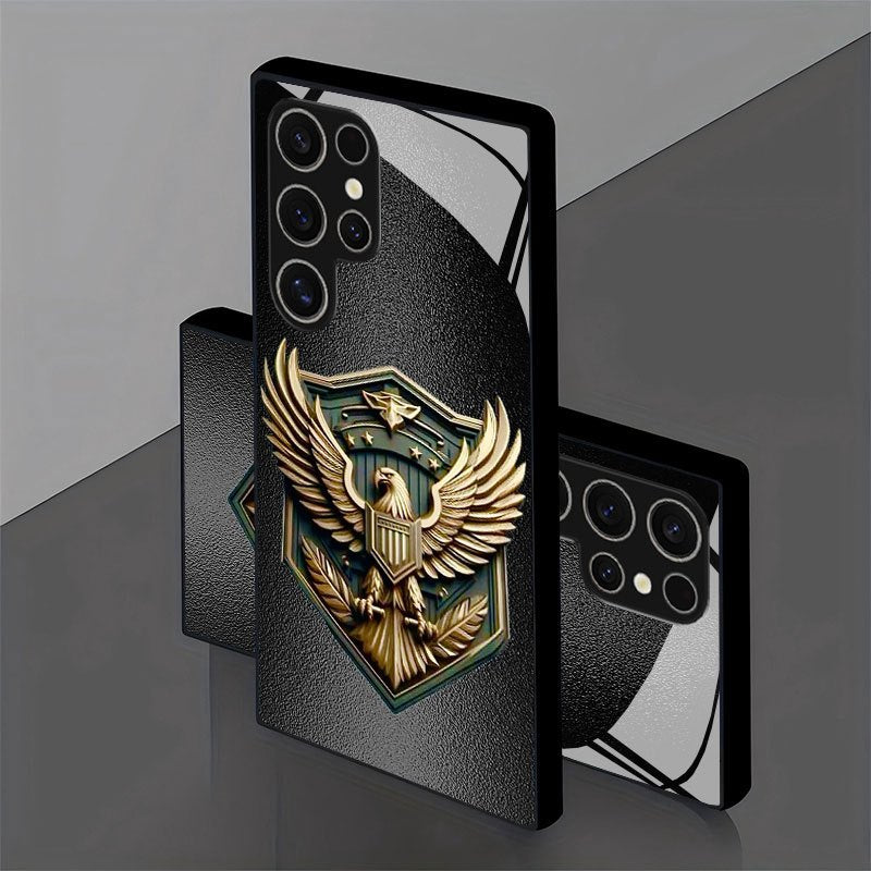 Golden Eagle Emblem Design Phone Case for Samsung S25 Ultra, S25 Plus, S25 Edge, S25, S24, S24 Plus, S24 Ultra, S24 FE, S23, S23 Ultra, S23 Plus, S23 FE, S22 Ultra, S22, S21 Pro, S20+, Note 10, Note 20, A05S, A14, A53, A35, A
