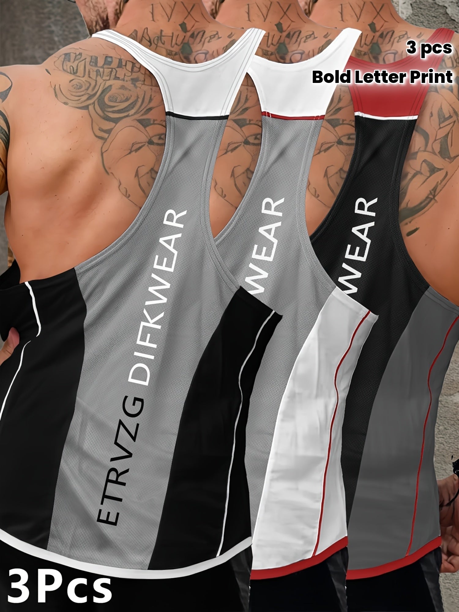 3pcs Men's Slim Fit Sleeveless Tank Tops - Breathable Summer Workout Shirts with Bold Letter Print, Lightweight Moisture-Wicking Athletic Tops for Gym, Training & Casual Wear, Gym Shirts, Gym Wear, Sporty Look, Stretchy Fabri