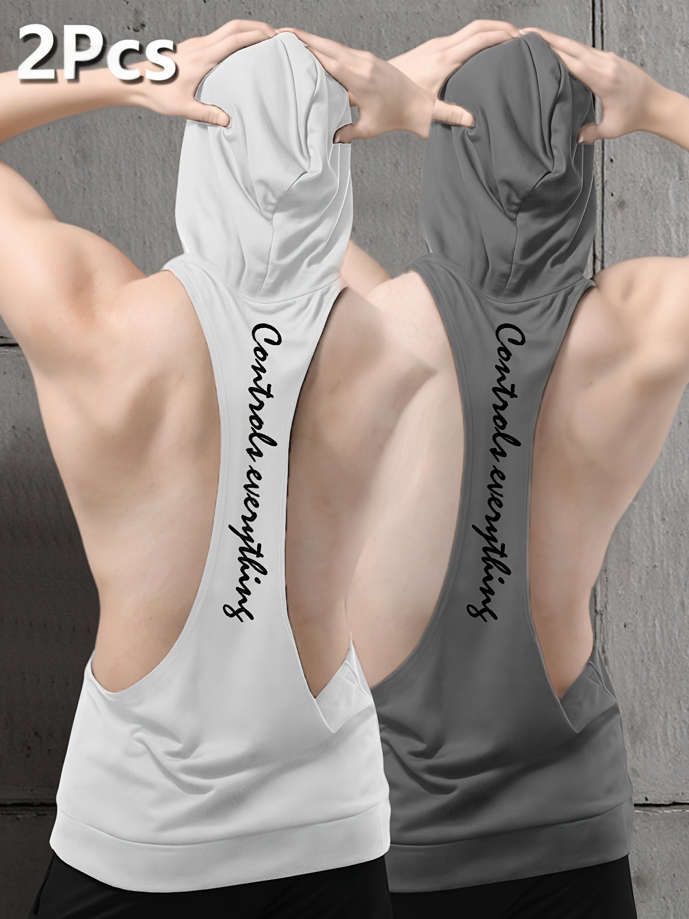 2pcs Men's Sleeveless Hooded Tank Tops - Breathable Summer Fitness Vest with " concentrating" Print, Black & White, Lightweight Athletic Sleeveless Shirts for Gym, Training, and Sports, Workout Shirts, Gym Workout Clothes, Ca