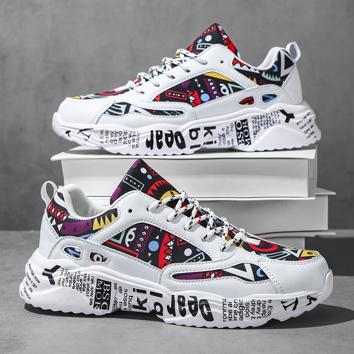 Men'S Fashion Sneakers with High-Top Platform, Non-Slip EVA Sole & Graffiti Letter Accents - Lightweight Stability Running Shoes for Casual, Outdoor & Daily Wear, All-Season Comfort, Versatile Sneakers, Graffiti Style Shoes,