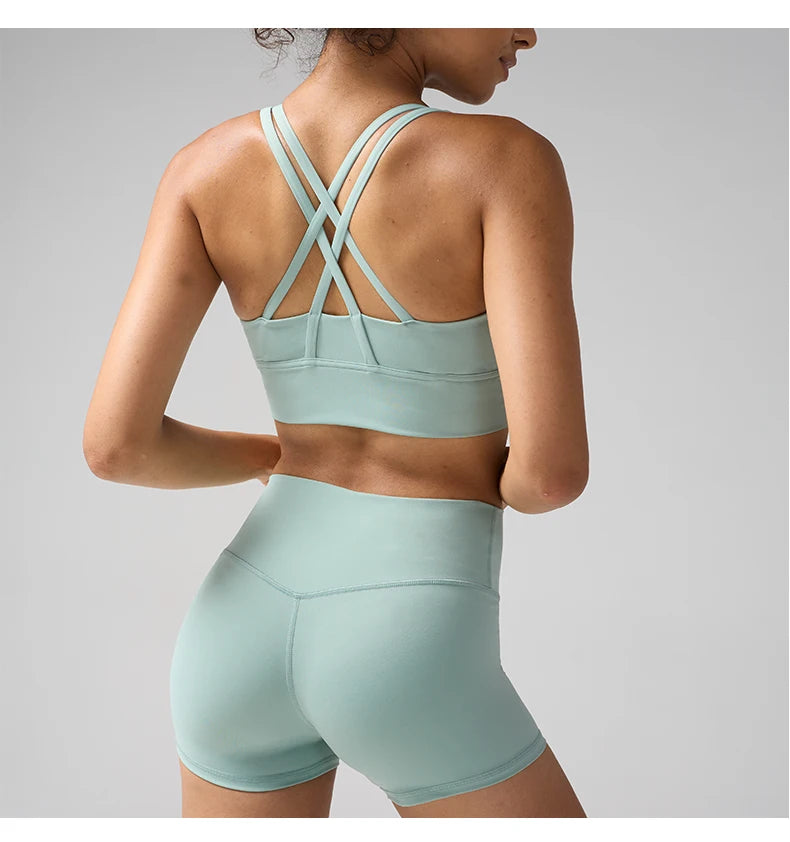 2 Pieces Solid Color Women Gym Yoga Set Cycling Short Legging Cross Sport Bra Tracksuit Suit Comprehensive Training Jog Athletic