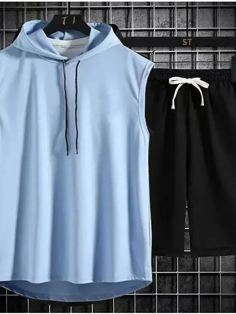 2024 New Men's Oversized Tracksuit Set Sleeveless Hood T Shirts Shorts Pants Sports Vest 2 Piece Suits Summer Gym Workout Hoodie