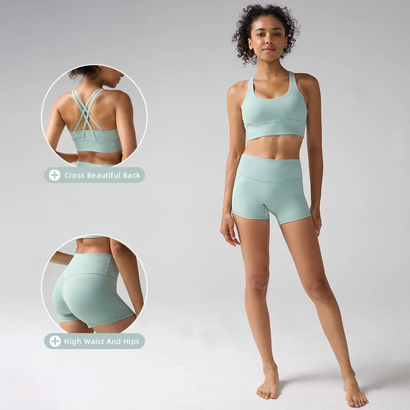 2 Pieces Solid Color Women Gym Yoga Set Cycling Short Legging Cross Sport Bra Tracksuit Suit Comprehensive Training Jog Athletic