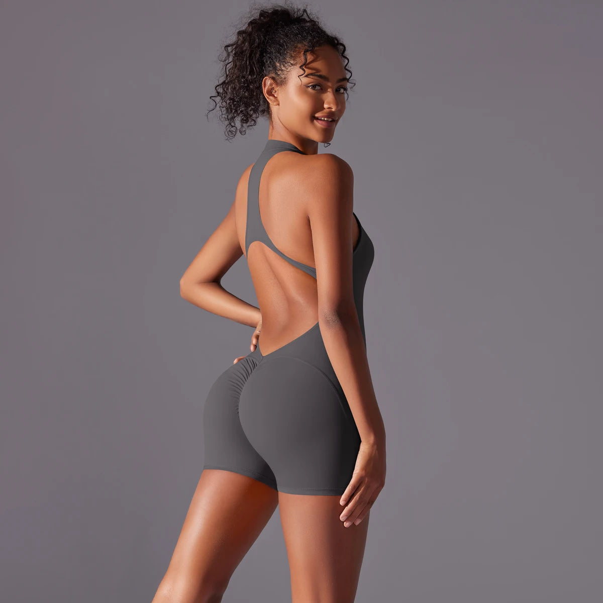 Quick-Dry Stretch Bodysuit Women Bodysuit Yoga Zipper Jumpsuits Hollow Out Beautiful Back Gym Sports Shorts Solid Color Yoga Set