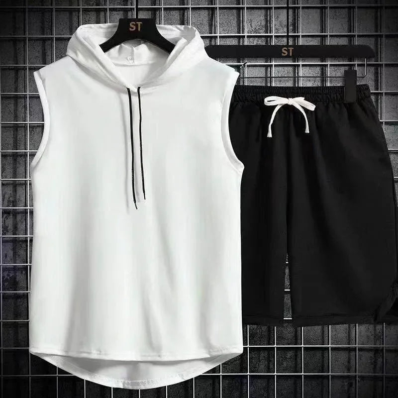 2025 New Men's Oversized Tracksuit Set Sleeveless Hood T Shirts Shorts Pants Sports Vest 2 Piece Suits Summer Gym Workout Hoodie