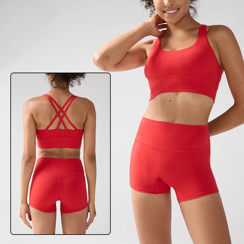 2 Pieces Solid Color Women Gym Yoga Set Cycling Short Legging Cross Sport Bra Tracksuit Suit Comprehensive Training Jog Athletic