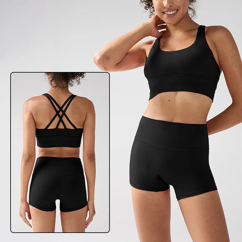 2 Pieces Solid Color Women Gym Yoga Set Cycling Short Legging Cross Sport Bra Tracksuit Suit Comprehensive Training Jog Athletic