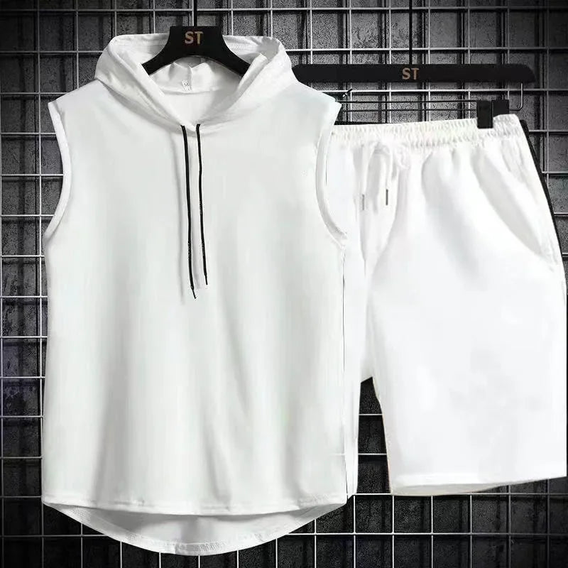 2024 New Men's Oversized Tracksuit Set Sleeveless Hood T Shirts Shorts Pants Sports Vest 2 Piece Suits Summer Gym Workout Hoodie