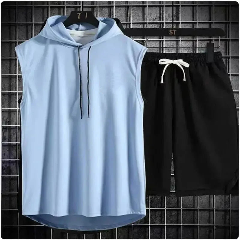2024 New Men's Oversized Tracksuit Set Sleeveless Hood T Shirts Shorts Pants Sports Vest 2 Piece Suits Summer Gym Workout Hoodie