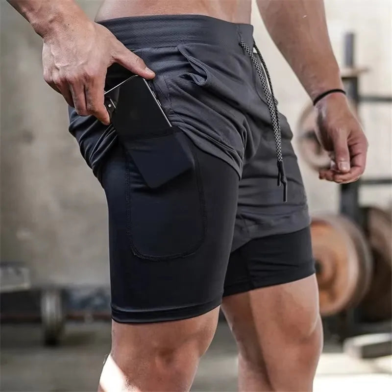 Men Sport Shorts Summer 2 In 1 Double-deck Quick Dry GYM Sport Shorts Fitness Jogging Workout Shorts Running Short Pants Men