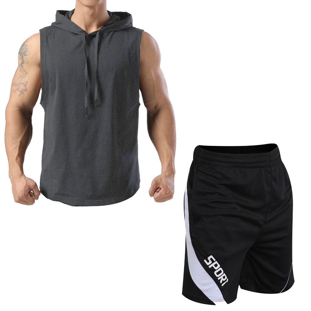 2024 New Men's Oversized Tracksuit Set Sleeveless Hood T Shirts Shorts Pants Sports Vest 2 Piece Suits Summer Gym Workout Hoodie