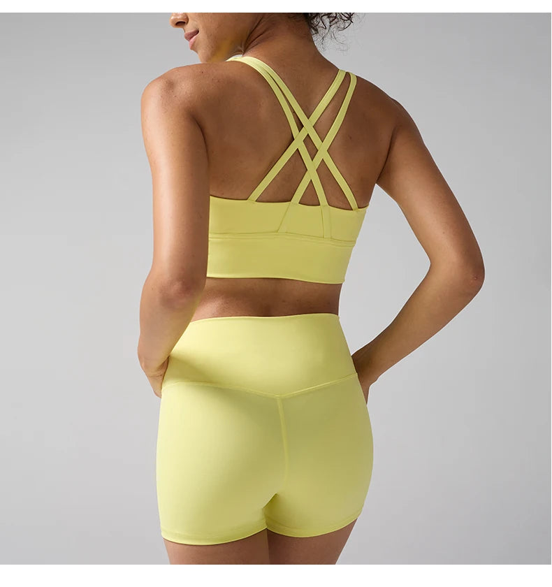 2 Pieces Solid Color Women Gym Yoga Set Cycling Short Legging Cross Sport Bra Tracksuit Suit Comprehensive Training Jog Athletic