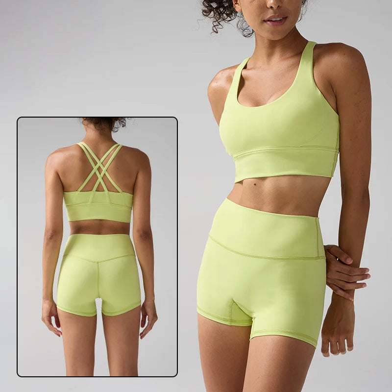 2 Pieces Solid Color Women Gym Yoga Set Cycling Short Legging Cross Sport Bra Tracksuit Suit Comprehensive Training Jog Athletic