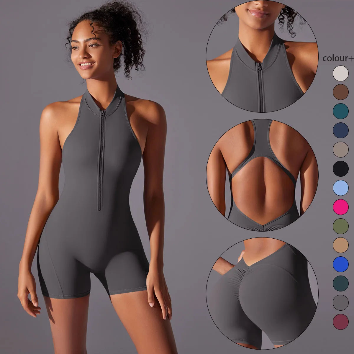 Quick-Dry Stretch Bodysuit Women Bodysuit Yoga Zipper Jumpsuits Hollow Out Beautiful Back Gym Sports Shorts Solid Color Yoga Set