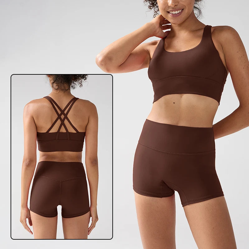 2 Pieces Solid Color Women Gym Yoga Set Cycling Short Legging Cross Sport Bra Tracksuit Suit Comprehensive Training Jog Athletic