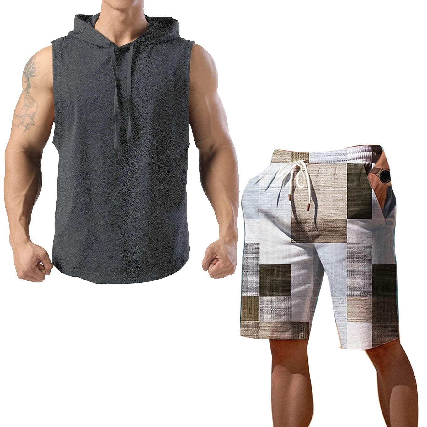 2024 New Men's Oversized Tracksuit Set Sleeveless Hood T Shirts Shorts Pants Sports Vest 2 Piece Suits Summer Gym Workout Hoodie