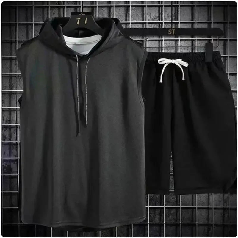 2025 New Men's Oversized Tracksuit Set Sleeveless Hood T Shirts Shorts Pants Sports Vest 2 Piece Suits Summer Gym Workout Hoodie