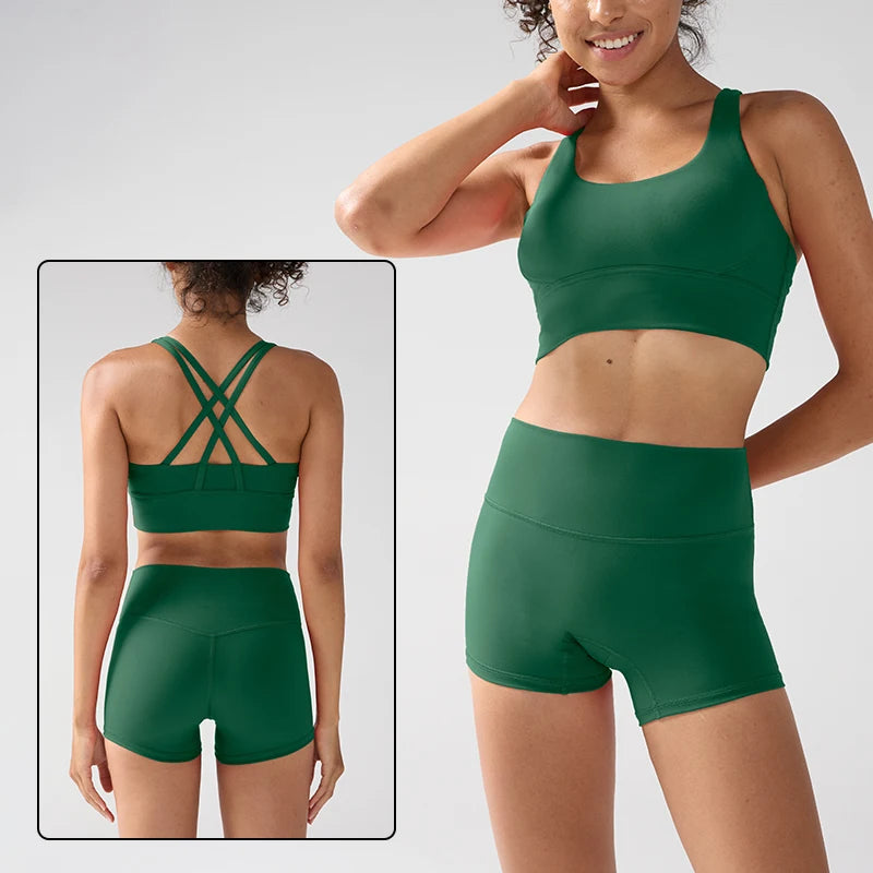 2 Pieces Solid Color Women Gym Yoga Set Cycling Short Legging Cross Sport Bra Tracksuit Suit Comprehensive Training Jog Athletic
