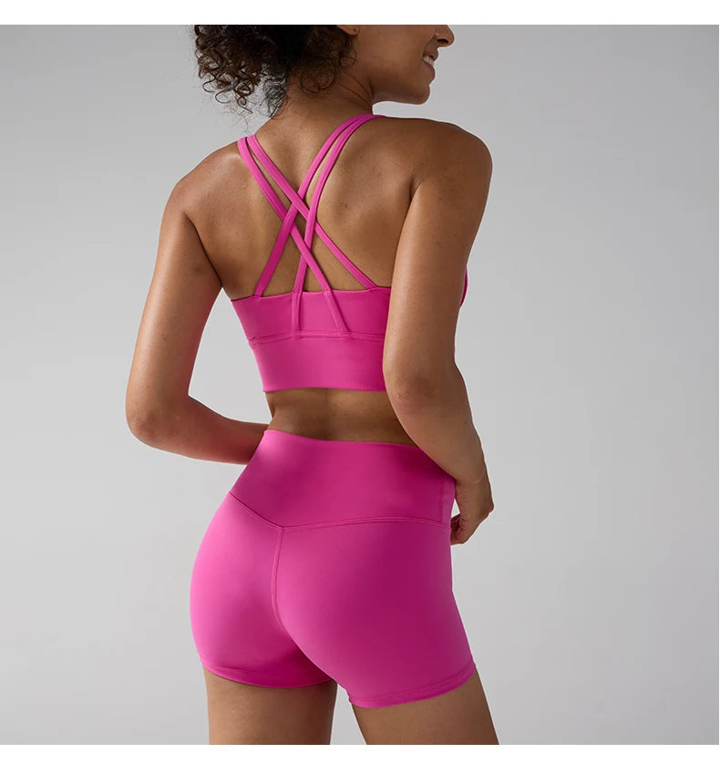 2 Pieces Solid Color Women Gym Yoga Set Cycling Short Legging Cross Sport Bra Tracksuit Suit Comprehensive Training Jog Athletic