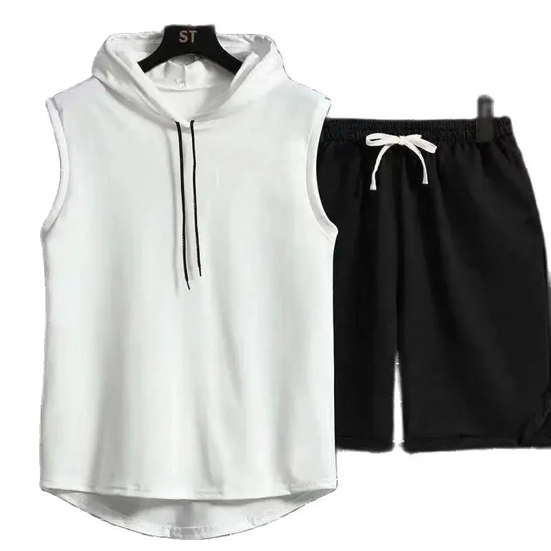 2024 New Men's Oversized Tracksuit Set Sleeveless Hood T Shirts Shorts Pants Sports Vest 2 Piece Suits Summer Gym Workout Hoodie