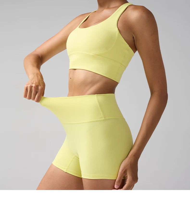 2 Pieces Solid Color Women Gym Yoga Set Cycling Short Legging Cross Sport Bra Tracksuit Suit Comprehensive Training Jog Athletic