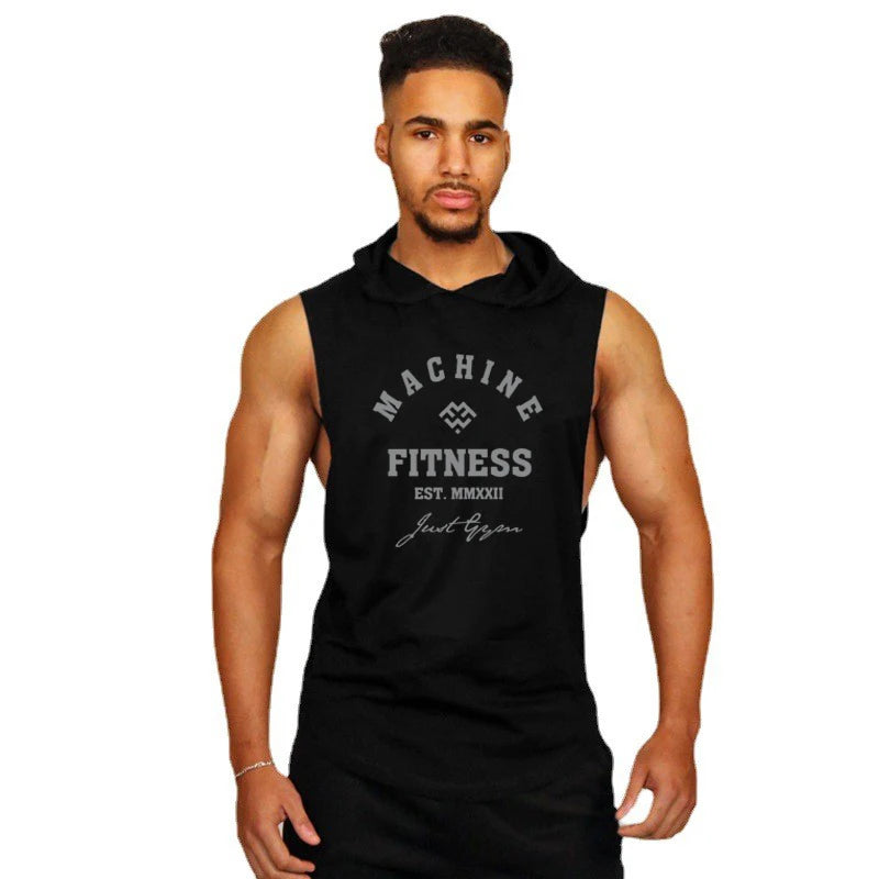 MACHINE FITNESS Mens Gym Hooded Tank Top Cotton Bodybuilding Clothing Summer Muscle Fit Sleeveless Hoodies Shirt Sports Singlets