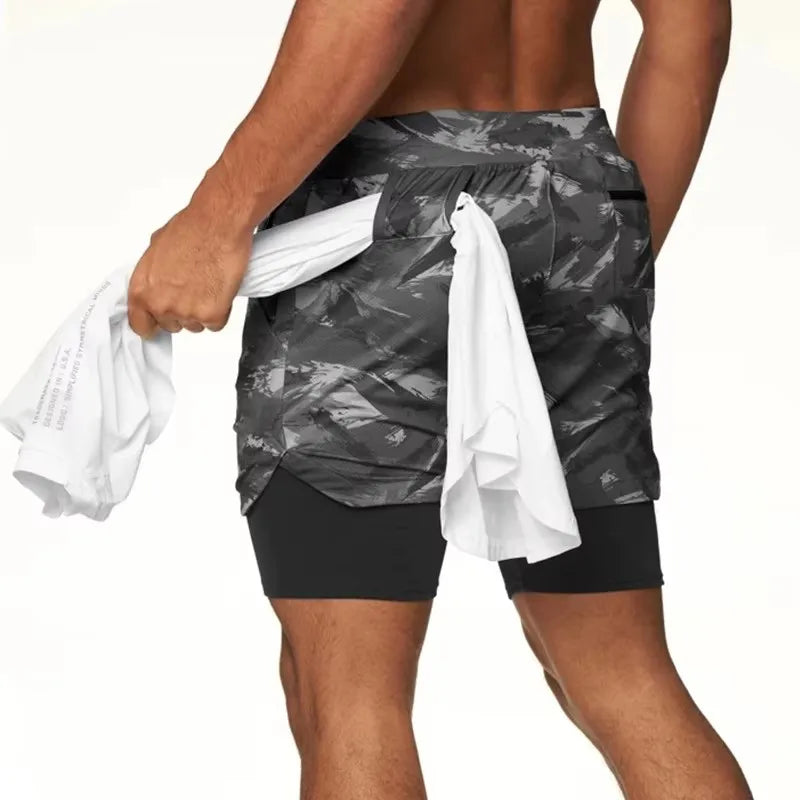 Men Sport Shorts Summer 2 In 1 Double-deck Quick Dry GYM Sport Shorts Fitness Jogging Workout Shorts Running Short Pants Men