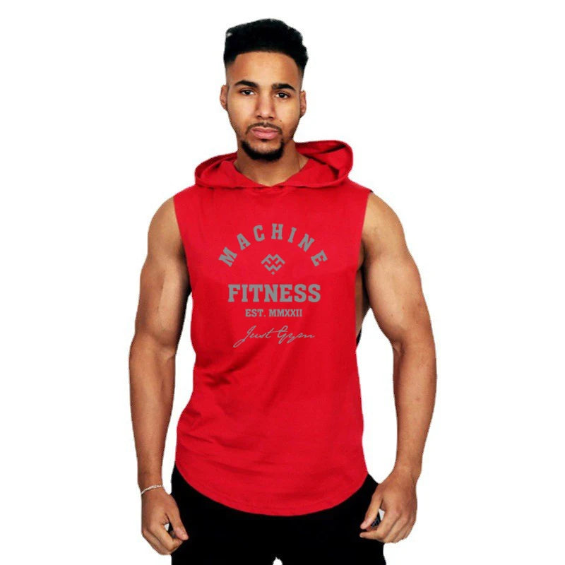 MACHINE FITNESS Mens Gym Hooded Tank Top Cotton Bodybuilding Clothing Summer Muscle Fit Sleeveless Hoodies Shirt Sports Singlets