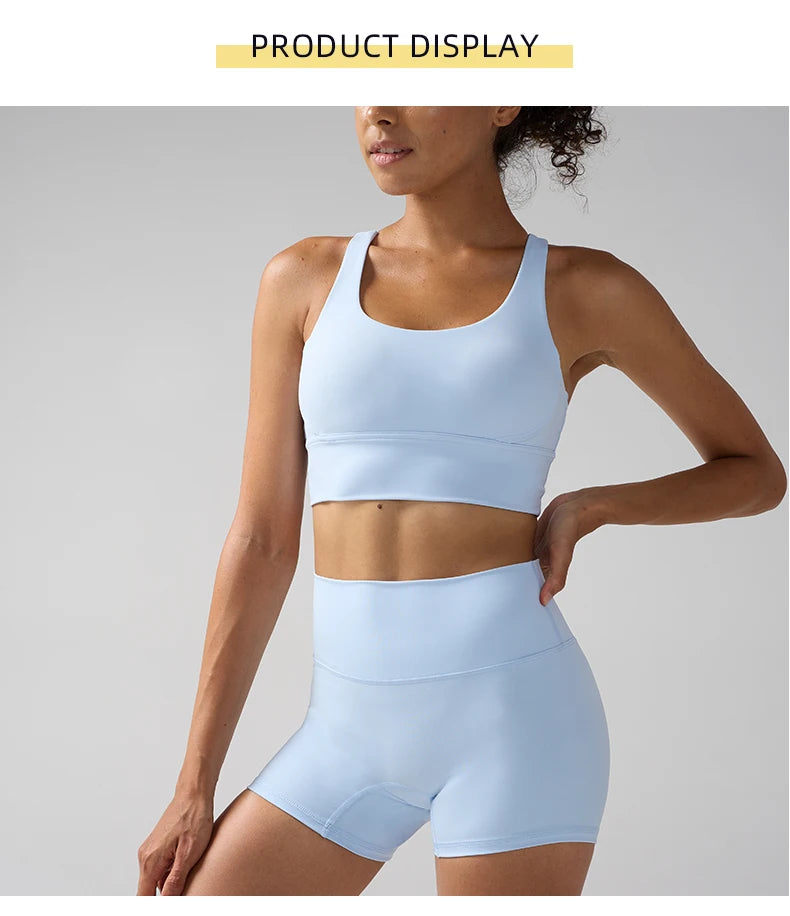 2 Pieces Solid Color Women Gym Yoga Set Cycling Short Legging Cross Sport Bra Tracksuit Suit Comprehensive Training Jog Athletic