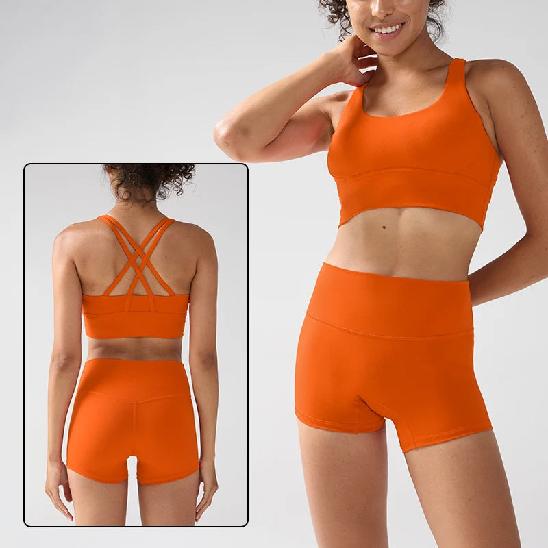 2 Pieces Solid Color Women Gym Yoga Set Cycling Short Legging Cross Sport Bra Tracksuit Suit Comprehensive Training Jog Athletic