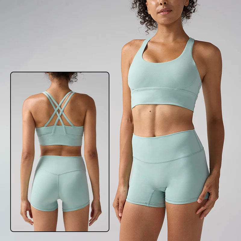 2 Pieces Solid Color Women Gym Yoga Set Cycling Short Legging Cross Sport Bra Tracksuit Suit Comprehensive Training Jog Athletic