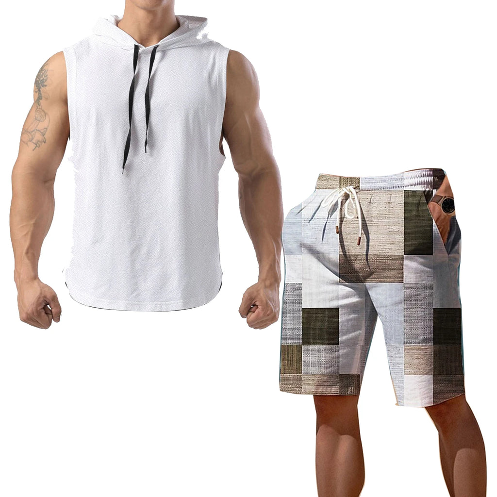 2024 New Men's Oversized Tracksuit Set Sleeveless Hood T Shirts Shorts Pants Sports Vest 2 Piece Suits Summer Gym Workout Hoodie