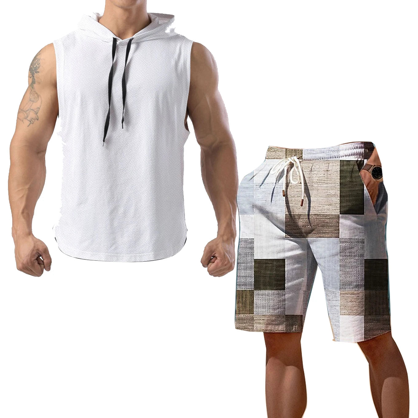 2024 New Men's Oversized Tracksuit Set Sleeveless Hood T Shirts Shorts Pants Sports Vest 2 Piece Suits Summer Gym Workout Hoodie