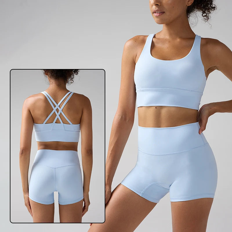 2 Pieces Solid Color Women Gym Yoga Set Cycling Short Legging Cross Sport Bra Tracksuit Suit Comprehensive Training Jog Athletic