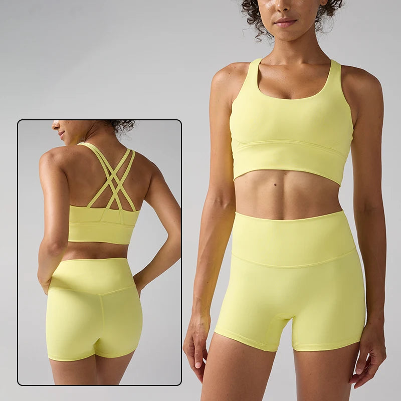 2 Pieces Solid Color Women Gym Yoga Set Cycling Short Legging Cross Sport Bra Tracksuit Suit Comprehensive Training Jog Athletic