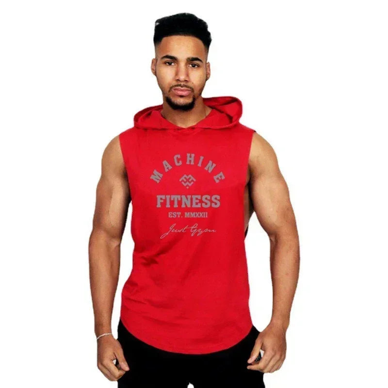 MACHINE FITNESS Mens Gym Hooded Tank Top Cotton Bodybuilding Clothing Summer Muscle Fit Sleeveless Hoodies Shirt Sports Singlets