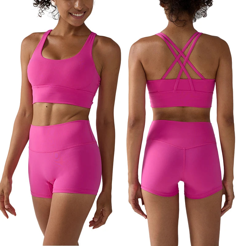 2 Pieces Solid Color Women Gym Yoga Set Cycling Short Legging Cross Sport Bra Tracksuit Suit Comprehensive Training Jog Athletic