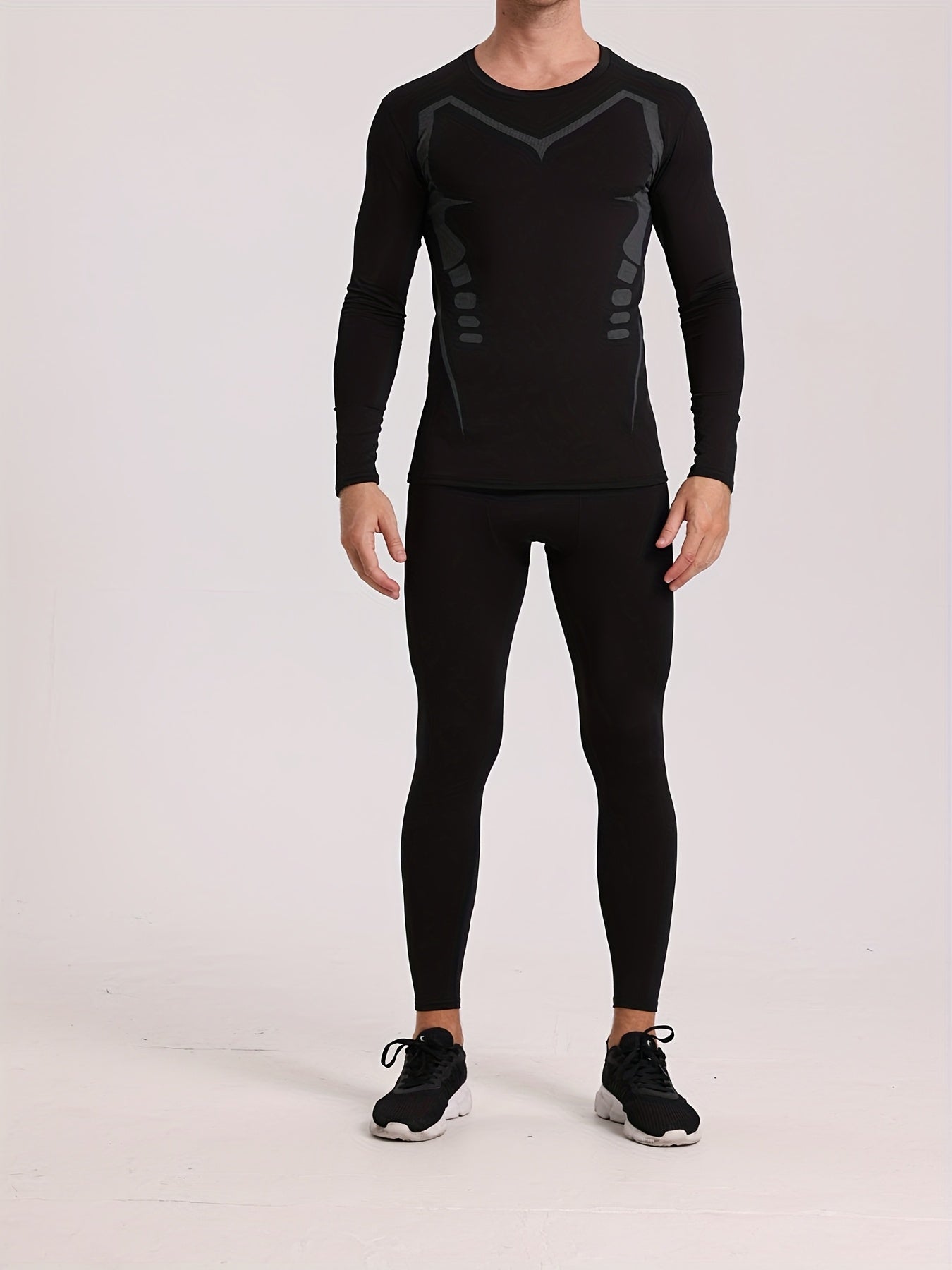 Men'S Two-Piece Fitness Set, Featuring Elastic Quick-Dry Training Wear, a Print Long-Sleeve Top Paired with Long Pants, Suitable for Gym Workouts, Basketball, Running, Body Shaping, Outdoor Jogging, Cycling, Hiking, Night Run