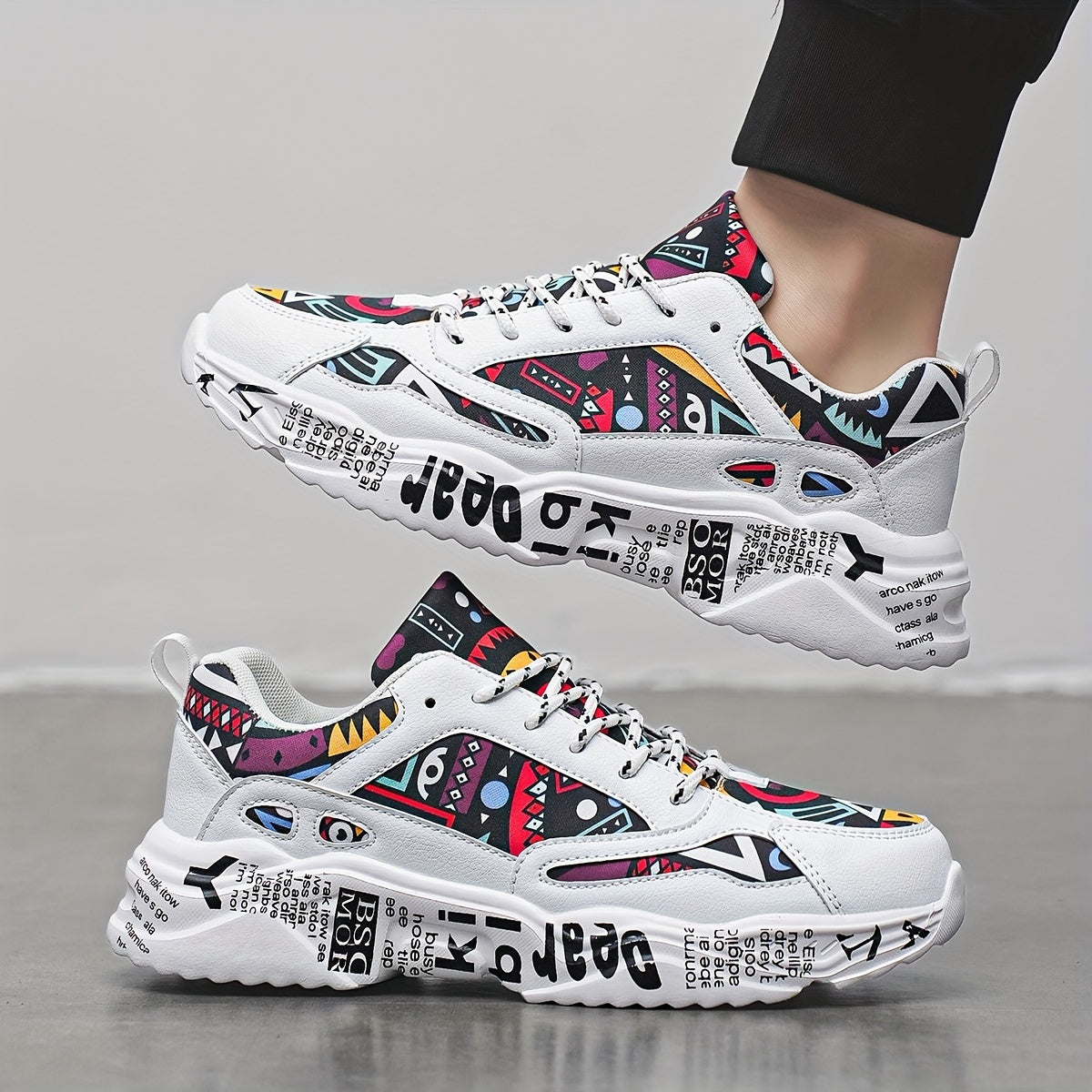 Men'S Fashion Sneakers with High-Top Platform, Non-Slip EVA Sole & Graffiti Letter Accents - Lightweight Stability Running Shoes for Casual, Outdoor & Daily Wear, All-Season Comfort, Versatile Sneakers, Graffiti Style Shoes,