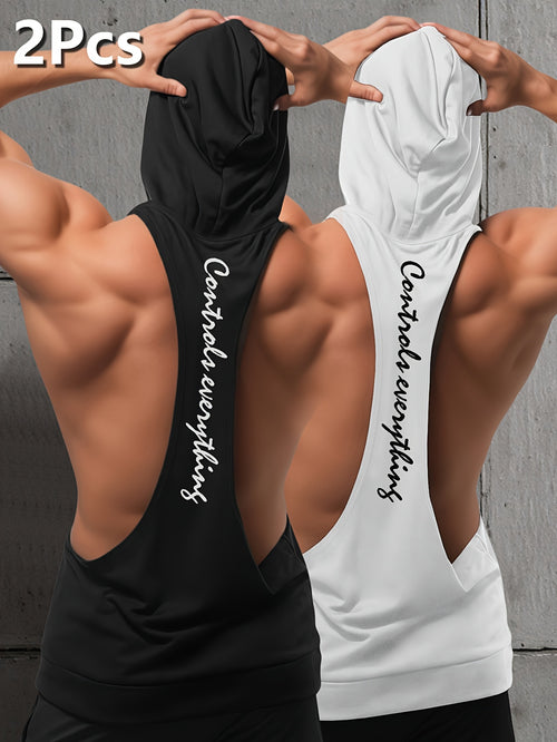 2pcs Men's Sleeveless Hooded Tank Tops - Breathable Summer Fitness Vest with " concentrating" Print, Black & White, Lightweight Athletic Sleeveless Shirts for Gym, Training, and Sports, Workout Shirts, Gym Workout Clothes, Ca