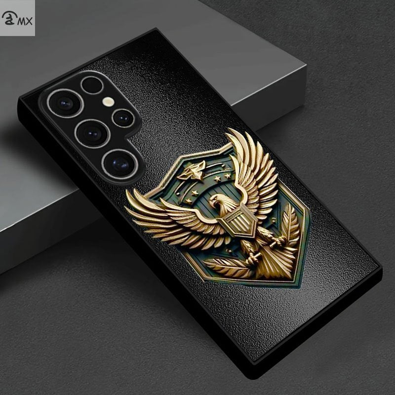 Golden Eagle Emblem Design Phone Case for Samsung S25 Ultra, S25 Plus, S25 Edge, S25, S24, S24 Plus, S24 Ultra, S24 FE, S23, S23 Ultra, S23 Plus, S23 FE, S22 Ultra, S22, S21 Pro, S20+, Note 10, Note 20, A05S, A14, A53, A35, A