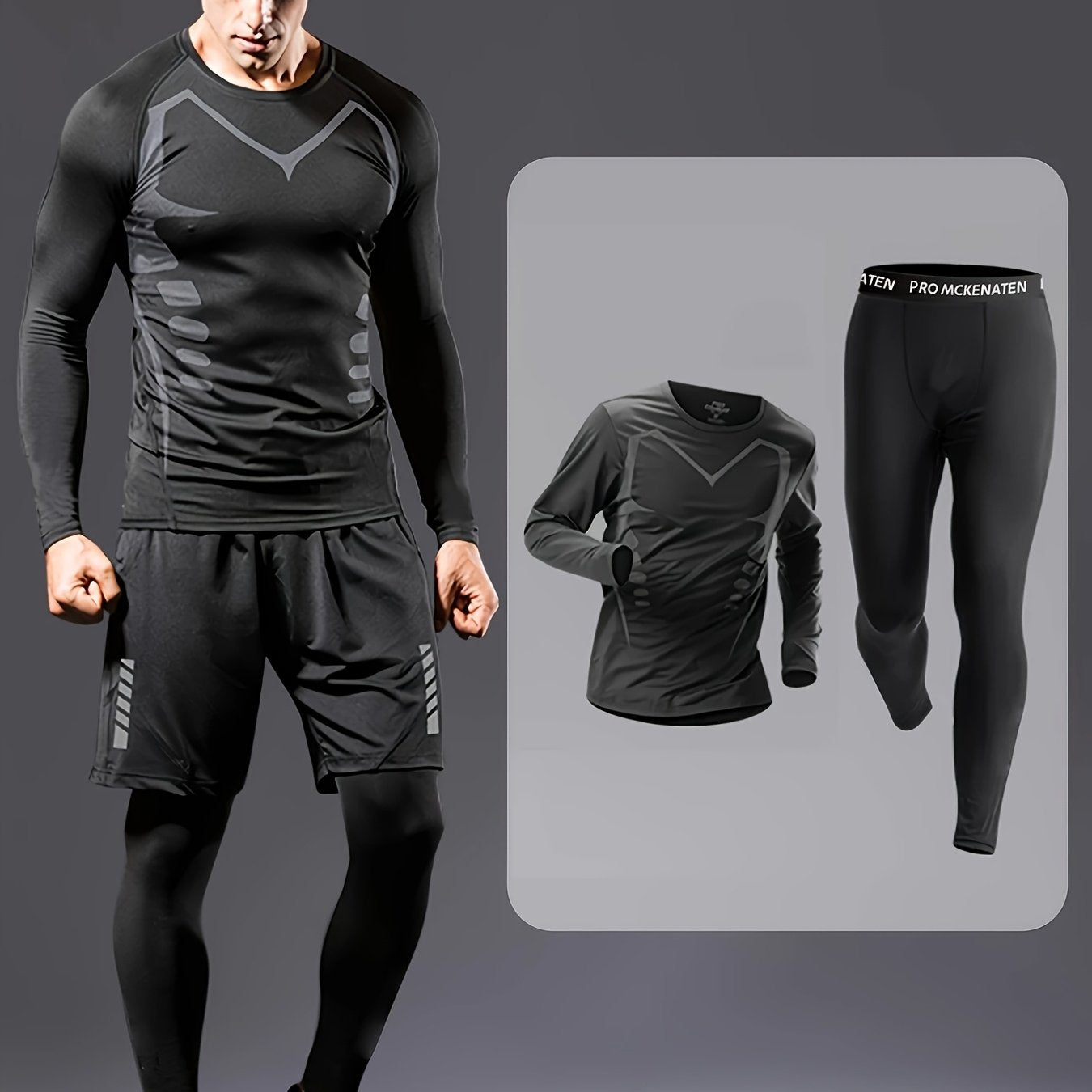 Men'S Two-Piece Fitness Set, Featuring Elastic Quick-Dry Training Wear, a Print Long-Sleeve Top Paired with Long Pants, Suitable for Gym Workouts, Basketball, Running, Body Shaping, Outdoor Jogging, Cycling, Hiking, Night Run