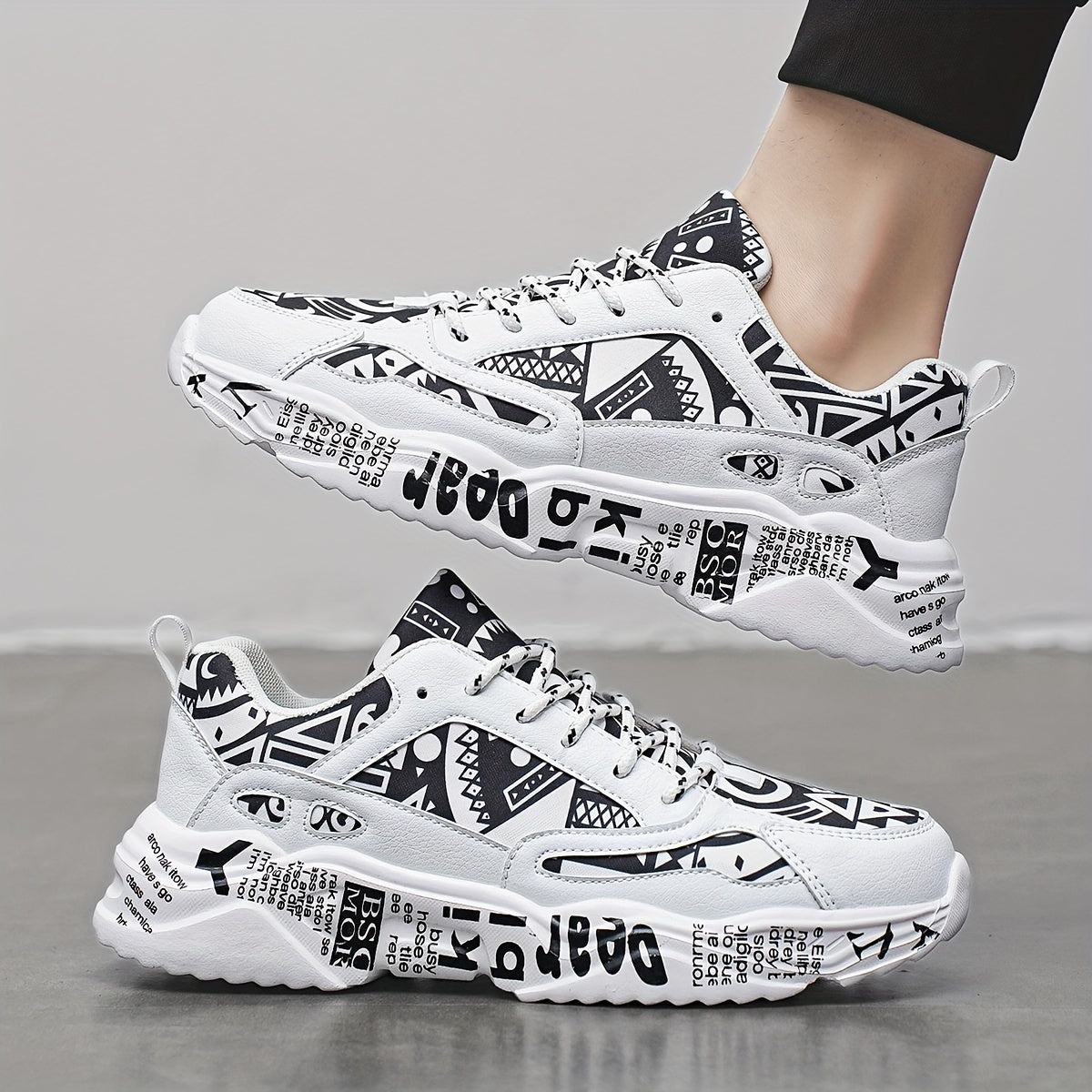 Men'S Fashion Sneakers with High-Top Platform, Non-Slip EVA Sole & Graffiti Letter Accents - Lightweight Stability Running Shoes for Casual, Outdoor & Daily Wear, All-Season Comfort, Versatile Sneakers, Graffiti Style Shoes,