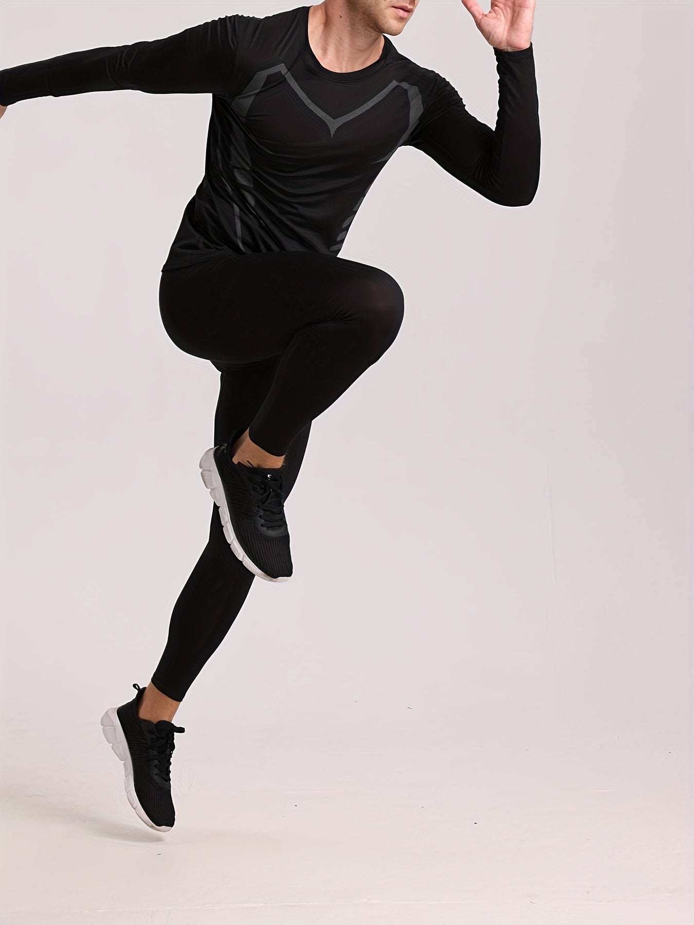 Men'S Two-Piece Fitness Set, Featuring Elastic Quick-Dry Training Wear, a Print Long-Sleeve Top Paired with Long Pants, Suitable for Gym Workouts, Basketball, Running, Body Shaping, Outdoor Jogging, Cycling, Hiking, Night Run