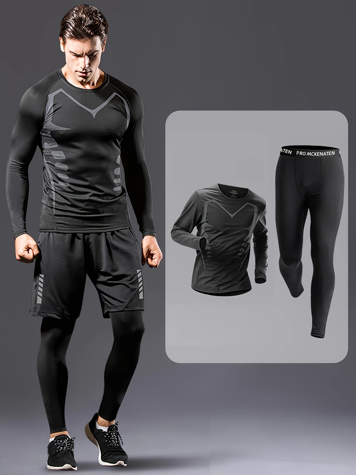 Men'S Two-Piece Fitness Set, Featuring Elastic Quick-Dry Training Wear, a Print Long-Sleeve Top Paired with Long Pants, Suitable for Gym Workouts, Basketball, Running, Body Shaping, Outdoor Jogging, Cycling, Hiking, Night Run